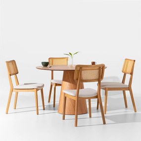 Conjunto Mesa de Jantar Dadi Orgânica 1,20m - Cinamomo + 4 Cadeiras Lalá Encosto Palha Creme Assento Plot Cru