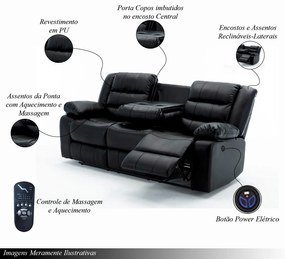 Conjunto Poltronas Sala de Cinema 2 e 3 Lugares Hollywood com Massagem/Aquecimento Elétrica PU Preto G31 - Gran Belo