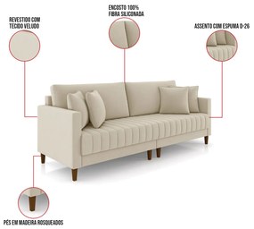 Sofá 3 Lugares Living 196cm Pés Madeira Cléo Veludo Bege K01 - D'Rossi