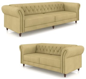 Conjunto de Sofá Sala de Estar Stanford Chesterfield 2 e 3 Lugares 200cm/260cm Pés Madeira Couro Bege G58 - Gran Belo