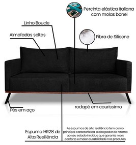 Sofá Living 3 Lugares com Pés de Ferro Almofadas Soltas 220cm Saiph Bouclê Preto G63 - Gran belo