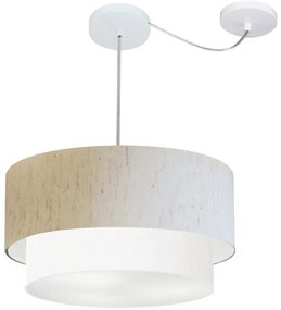Lustre Pendente Cilíndrico Com Desvio Linho Bege e Branco MJ-4360 Para Mesa de Jantar e Estar