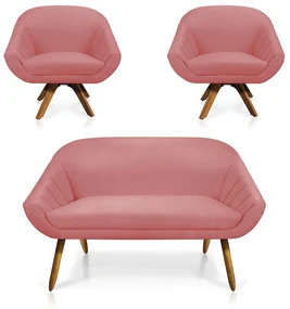 Kit 01 Namoradeira 02 Lugares e 02 Poltronas Giratória Giovana Suede Base Madeira MM30 - D'Rossi - Rose