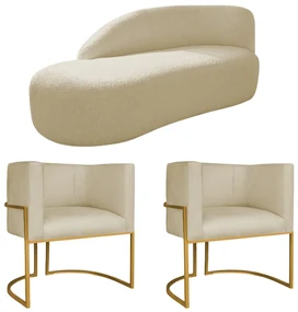 Kit Divã Luna 140cm Lado Esquerdo e 02 Poltronas Base de Ferro Dourado Suede