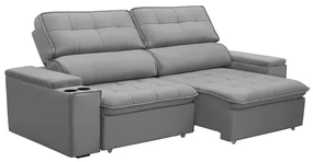 Sofá Retrátil e Reclinável 3 Lugares 230cm Zoho Porta Copos no Braço Veludo Cinza G22 - Gran Belo