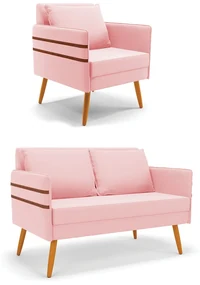 Kit 01 Namoradeira 02 Lugares e 01 Poltrona Mari Suede Rosa Bebê Pés Palito Castanho - D'Rossi