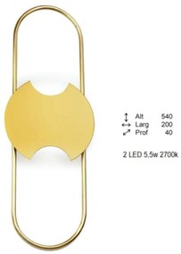 Arandela Coneto Oval Central 04X20X54Cm 2Xled 5,5W 2700K - Old Artisan... (DOURADO FOSCO, 220V)