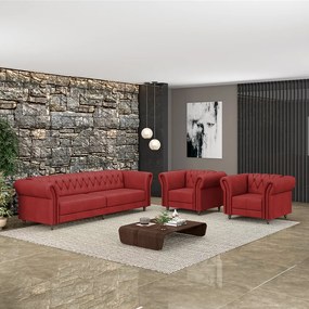 Conjunto Sala de Estar 1 Sofá Living 240cm e 2 Poltronas Stanford Chesterfield Pés Madeira Couro Vermelho G58 - Gran Belo