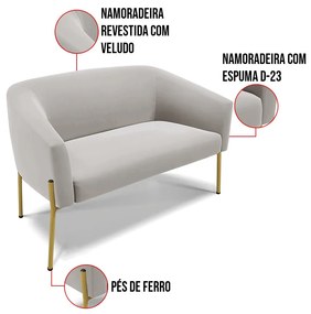 Sofá Namoradeira 2 Lugares Pé de Ferro Dourado Stella Veludo D03 - D'Rossi - Cinza