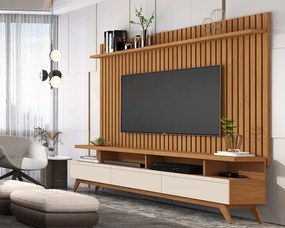 Rack Vivare 1.8 Wood Com Painel Classic Ripado Para TV Até 72 Polegadas Nature/Off White - JLAR Móveis