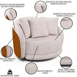 Poltrona Decorativa Giratória para Sala 122cm Kaly M22 Sintético Caram