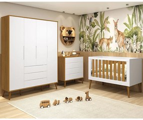 Kit Quarto Infantil com Pés Retrô Mel - Cômoda Elfe 4 Gavetas + Guarda-Roupa Elfe + Berço Mini Cama Noah - Branco e Savana