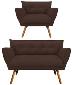Kit 1 Namoradeira 2 Lugares e 1 Poltrona Anitta Suede Pés Palito Castanho - D'Rossi - Marrom