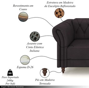 Conjunto de Sofá Sala de Estar Stanford Chesterfield 2 e 3 Lugares 200cm/260cm Pés Madeira Couro Borgonha G58 - Gran Belo