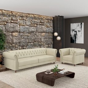 Conjunto Sala de Estar 1 Sofá Living 200cm e 1 Poltrona Stanford Chesterfield Pés Madeira Couro Off White G58 - Gran Belo