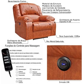 Poltrona do Papai Reclinável Elétrica com Massagem e USB Magnum PU Sintético Caramelo G23 - Gran Belo