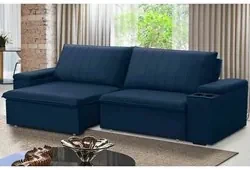 Sofá Retrátil Reclinável 3 Lugares 245cm Baluart F05 Veludo Azul - Mpo