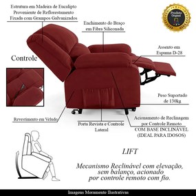 Poltrona do Papai Reclinável Sala de Cinema Madrid Elevação Lift Elétrico Veludo Vermelho  G23