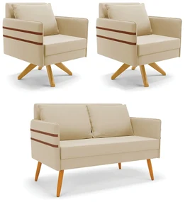 Kit 01 Namoradeira 02 Lugares e 02 Poltronas Mari Suede Bege Base de Madeira MA30