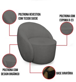 Poltrona Decorativa Orgânica Giratória Kit 2 Lua Suede Grafite D03 - D'Rossi