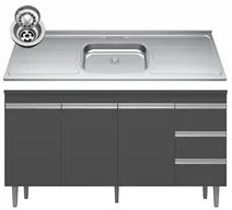 Balcão Gabinete com Pia Inox 150cm Andréia 3 Portas Cinza – AJL Móveis