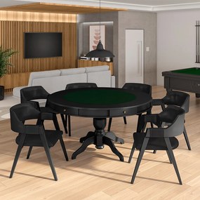 Conjunto Mesa de Jogos Carteado Bellagio Tampo Reversível e 6 Cadeiras Madeira Poker Base Estrela PU Preto/Preto G42 - Gran Belo