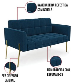 Namoradeira e 2 Poltronas Pé de Ferro Dourado Elisa Bouclê Azul D03 - D'Rossi