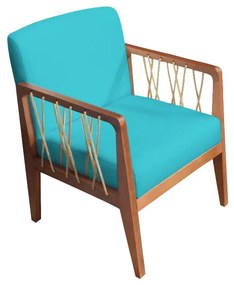 Poltrona Barcelona Suede Azul Tiffany Com Corda Náutica Champagne Base Fixa de Madeira - D'Rossi