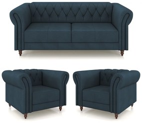 Conjunto Sala de Estar 1 Sofá Living 180cm e 2 Poltronas Stanford Chesterfield Pés Madeira Couro Azul Marinho G58 - Gran Belo