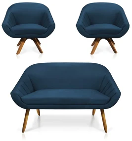 Kit 01 Namoradeira 02 Lugares e 02 Poltronas Giratória Giovana Suede Base Madeira MM30 - D'Rossi - Azul Marinho