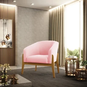 Poltrona Decorativa Base de Madeira Stella Suede Rosa Bebê D03 - D'Rossi