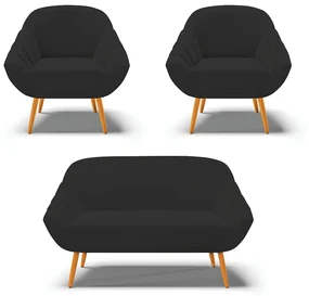Kit 01 Namoradeira 02 Lugares e 02 Poltronas Giovana Veludo Preto Pés Palito Castanho - D'Rossi