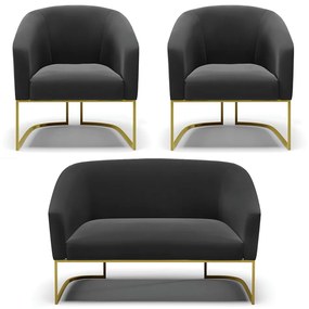 Namoradeira e 2 Poltronas Industrial Dourado Stella Suede Preto D03 - D'Rossi