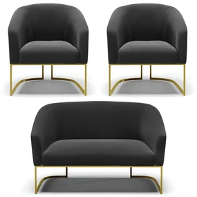 Namoradeira e 2 Poltronas Industrial Dourado Stella Suede Preto D03 - D'Rossi