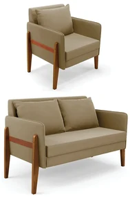 Kit 1 Sofá Namoradeira e 1 Poltrona Lana Suede Marrom Rato Base de Madeira - D'Rossi
