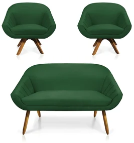 Kit 01 Namoradeira 02 Lugares e 02 Poltronas Giratória Giovana Suede Verde Base Madeira MM30 - D'Rossi