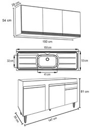 Armário Aéreo Argélia e Balcão Gabinete com Pia Inox 150cm Dakota Pret