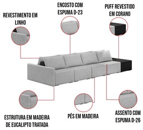 Sofá Ilha 4 Lugares Living 432cm Modulado para Sala Lary Linho Cinza/PU Pto K01 - D'Rossi