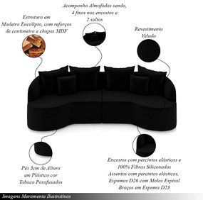 Sofá Living Decorativo Salinas 4 ou mais Lugares com Almofadas 270cm Modulado Veludo Preto G33 - Gran Belo