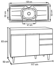 Balcão Gabinete com Pia Inox 120cm Michigan Preto/Cinza - Lumil