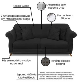 Sofá 3 Lugares Pé de Madeira Julieta 220 cm Suede S04 - D'Rossi - Preto