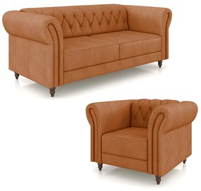 Conjunto Sala de Estar 1 Sofá Living 180cm e 1 Poltrona Stanford Chesterfield Pés Madeira Couro Terracota G58 - Gran Belo