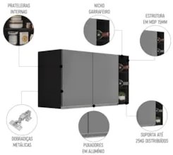 Armário de Cozinha Aéreo Califórnia 100cm e Nicho Garrafeiro Preto/Cin