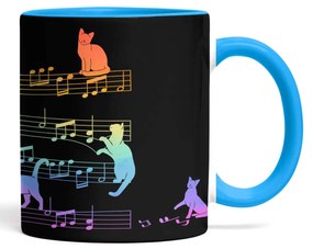 Caneca Gato Musical Arco Iris Cat Lover Preta com Alça Azul