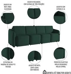 Sofá Cama Casal para Sala 396cm Polska K04 Veludo Verde - Mpozenato