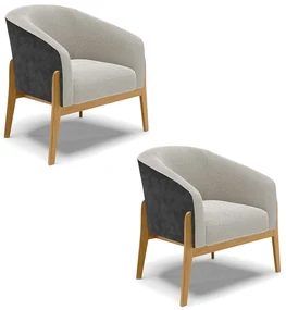 Poltrona Decorativa Base Madeira Kit 2 Stella PU Preto/Bouclê D03 - D'Rossi - Cinza