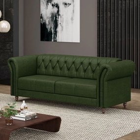 Sofá Living Sala de Estar Stanford Chesterfield 2 Lugares 220cm Pés de Madeira Couro Verde Manchado G58 - Gran Belo