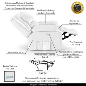 Poltrona do Papai Reclinável Melim Elétrica LED PU Branco FH1 - D'Rossi