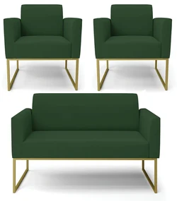 Sofá Namoradeira com 2 Poltronas Base Industrial Dourado Marisa Veludo Verde D03 - D'Rossi