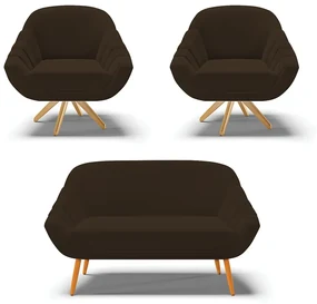 Kit 01 Namoradeira 02 Lugares e 02 Poltronas Giratória Giovana Suede Base Madeira MA30 - D'Rossi - Marrom